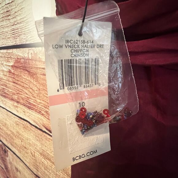 BCBG Max Azria Halter 100% Silk Chiffon Crimson Red Midi Dress Size 10 Low VNeck - Picture 8 of 9